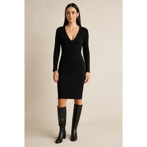 Banana Republic Black V-Neck Stretch Knit Dress | Silk Cotton Blend Bodycon | L